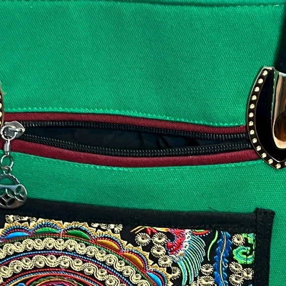 Handcrafted Floral Embroidered Shoulder Green Tote Bag – Unbranded, New - Picture 6 of 11